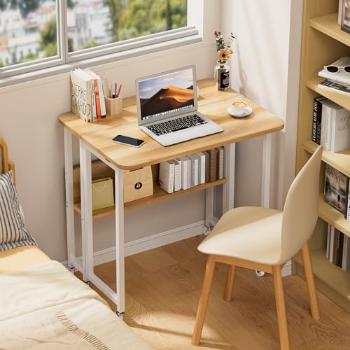 Dezyfurni 折りたたみデスク 木製 幅80×奥行58×高さ75cm キャスター付き 折りたたみ 組み立て簡単 テレワークやパソコン作業に最適な多機能デスク ホームオフィス・学生寮・アパート向け ダークブラウン [2]