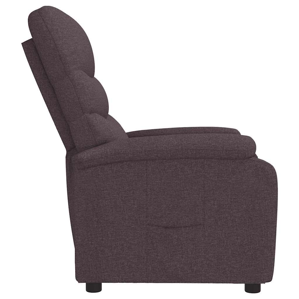 Fotel relaksacyjny, ciemnobrązowy materiał z regulowaną funkcją leżenia, ergonomiczna tapicerka, rama drewniano-metalowa, wygodny mebel do siedzenia do salonu, biura, kącika do czytania i