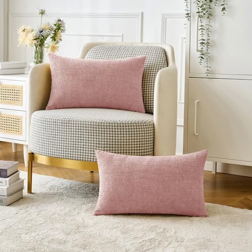 Image of MIULEE Pack of 2 Couch Valentines Throw Pillow Covers 12x20 Inch Soft Spring Blush Pink Chenille Lumbar Pillow Covers for Sofa Living Room Solid Dyed Cases