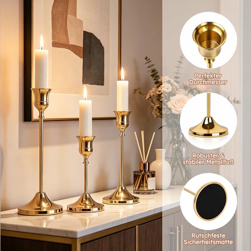 9 Stück Kerzenständer Set, Messing Gold Kerzenständer aus Metall für Spitzkerzen; Vintage Kerzenhalter, Hohe & Kurze Candle Holders für Hochzeiten, Partys, Abendessen (Messing Gold)