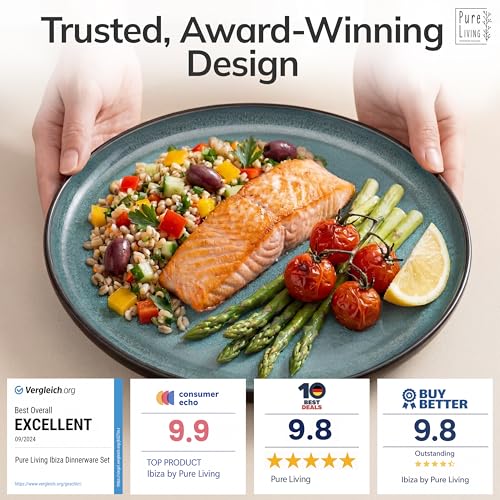 Image of Stoneware Dinnerware Set for 4, 12 Piece Plates and Bowls Set - Handmade Reactive Glaze, Chip & Scratch Resistant Sets - Dishwasher Microwave Safe, Modern Kitchen Dinner Service in Dark Petrol Blue