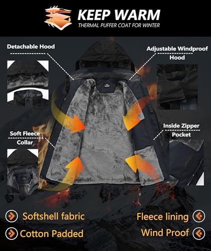 Image of Mens Winter Jackets Waterproof Warm Fleece Ski Jacket with Hood Thermal Windproof Coat Zip Pockets