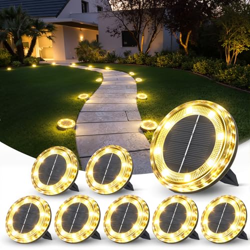 QIHANS 8 Pack Solar Ground Lights Outdoor, 8 LED Solar Disk Lights, IP65 Waterproof Long Lasting Flat Light for Garden Pathway Walkway Yard (Warm White)