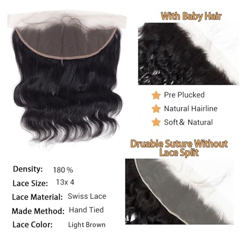 Image of Body Wave 13x4 Ear to Ear Lace Frontal Closure 18 Inch 100% Unprocessed Brazilian Virgin Human Hair Lace Frontal Closure Bleached Knots 180% Density Pre Plucked With Baby Hair Natural Color