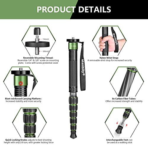 Camera Stand Monopod Manbily Walking Stick Monopods for Cameras Carbon Fiber Portable Compact Travel Monopod Unipod Stick with handle 6 Sections 61inches 15.4lbs for DSLR Video Camcorder Stand (Green) - Image 4