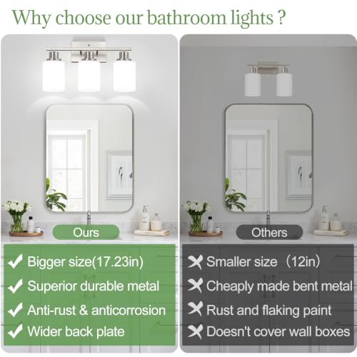 Image of MOKATNG 3-Light Bathroom Light Fixtures, Brushed Nickel Vanity Light with Milky White Shades, Bathroom Lighting Fixtures Over Mirror, Modern Bathroom Wall Lamp for Mirror Living Room Cabinet Bedroom