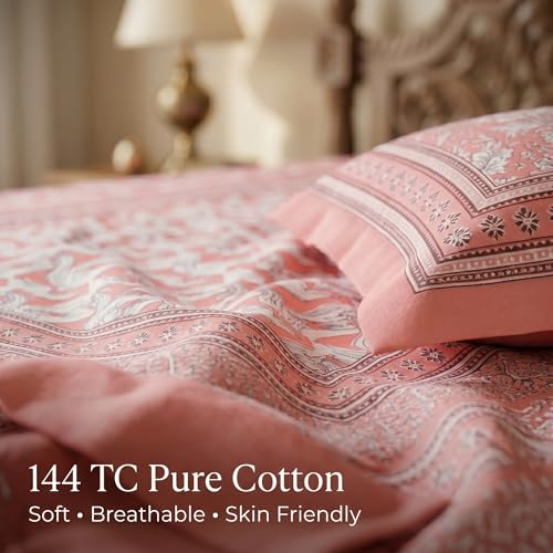 Image of Mafatlal 144 TC Pure 100% Cotton Double Bed Sheet with 2 Pillow Covers | 90 x 108 inches | Bedcover for Queen Size Bed, Jaipuri Prints | Peach Nude