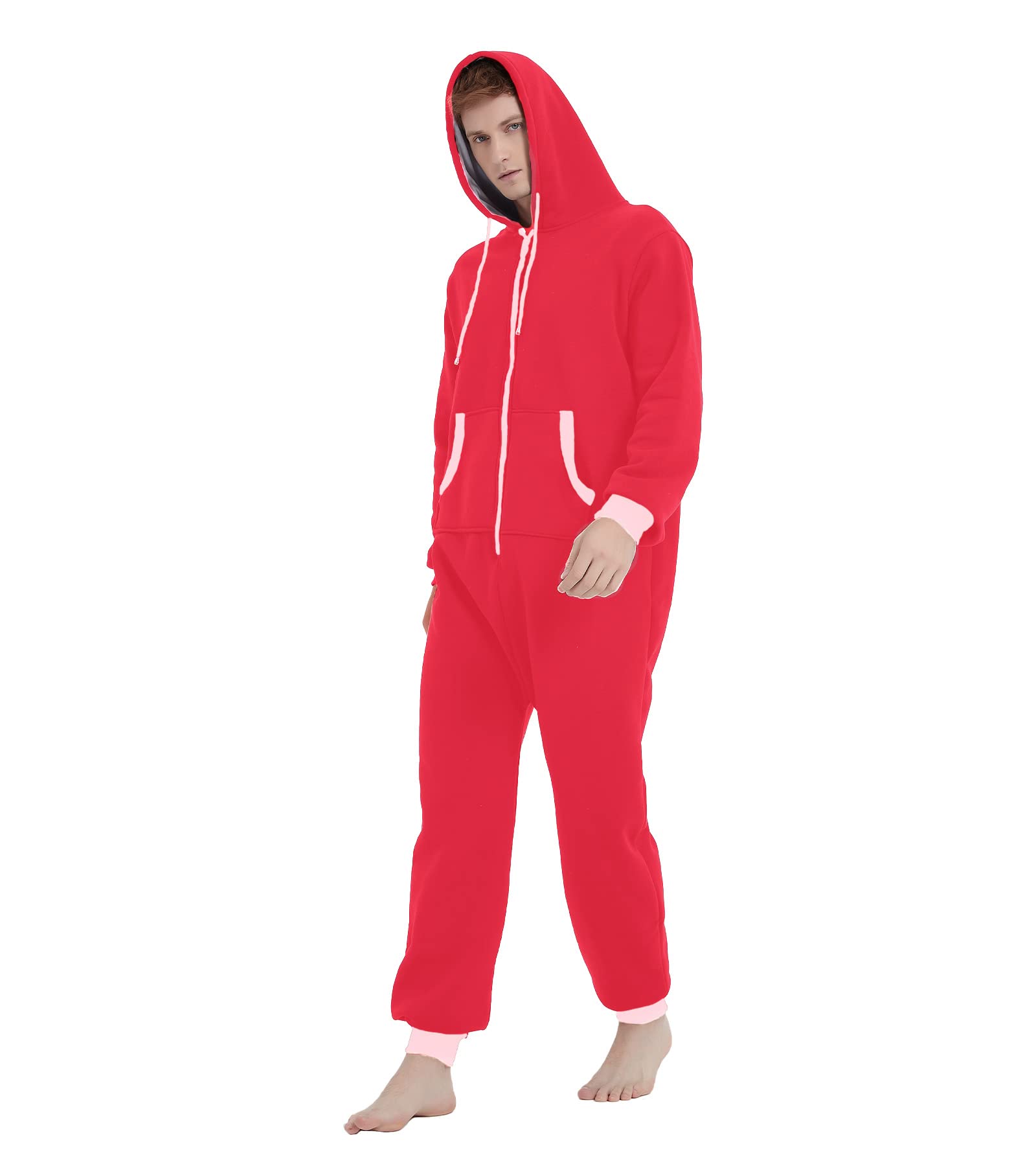 Kgromfy Mono con capucha para adultos Mono familiar Parejas a juego Pijamas con cremallera Ropa de dormir de una pieza de Navidad, Red-white Zipper, Medium