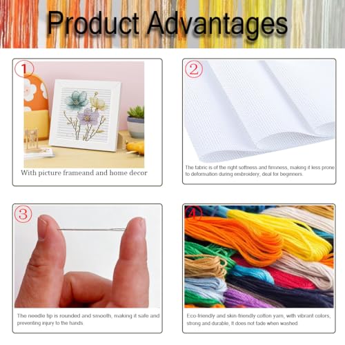 Image of Tiwabb Cross Stitch Kits for Adults Beginners,Flowers Cross Stitch Kits with Framed,Embroidery Kit for Beginners,Partial Floral 11CT Cross-Stitch Arts and Crafts for Adults 7x7inch