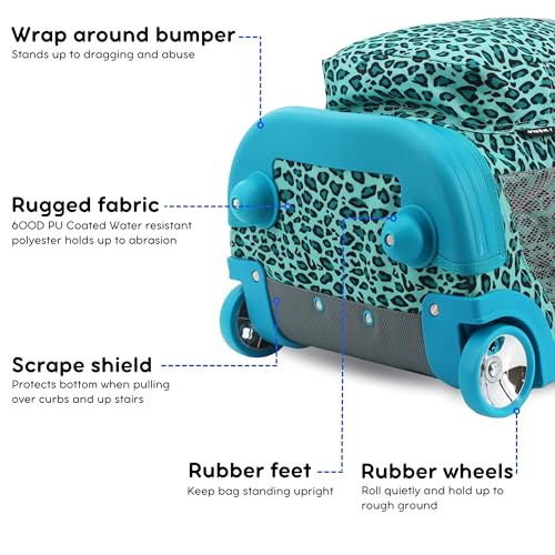 Image of J World Sunrise Kids Rolling Backpack with Wheels for Girls Boys, Roller Bookbag for School, 18 x 13 x 9 Inches, Mint Leopard