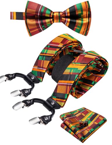 Image of YOHOWA Men Suspenders 6 Clips Strength Adjustable Y Braces Pre-Tied Bow Tie Set Formal Wedding Party