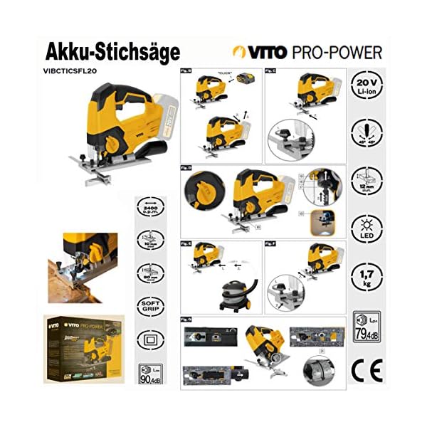 VITO 20V Akku Stichsäge mit Akku und Ladegerät HCS/HSS, PRO-Power 4-Wege Pendelsystem, 2,0Ah Akku, 45°Schnittwinkel, 0… – Bild 6