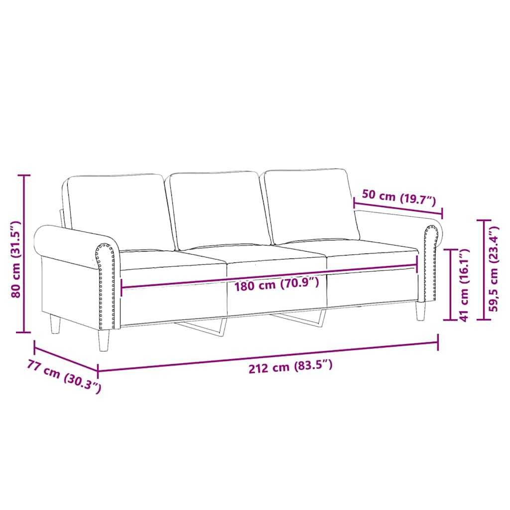vidaXL Divano a 3 Posti Crema 180 cm in Velluto