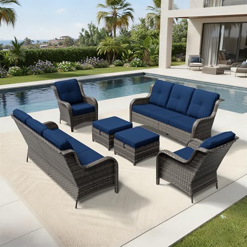Image of Joyside 6 Piece Wicker Patio Furniture Set, Rattan Patio Chairs with High Back, Deep Seating, Wide Armrest, Thickened Cushions, Outdoor Furniture for Deck, Porch Use
