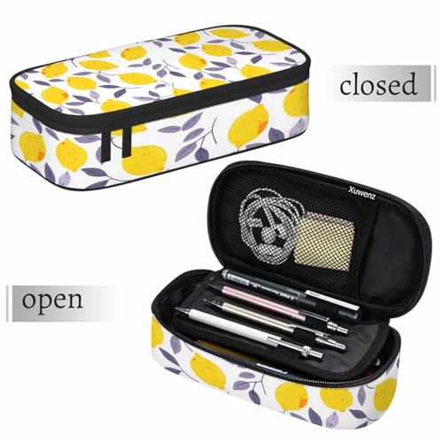 Image of Yellow Lemon Pencil Case Tropical Fruit Leaves Summer Theme Pencil Bag Pouch Box Organizer for College Student School Students Boy Girl