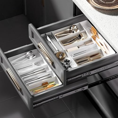 YFFSFDC カトラリーケース 伸縮調節可能 ワイド対応 4面伸縮 引き出し 仕切り カトラリートレー 取外し簡単 キッチン収納 引き出し仕切り W27~50×D27~50×H4.8cm ホワイト
