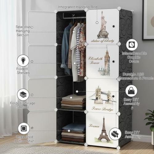 Image of Owme Closet for Clothe DIY Plastic Rack - Side Hanger, Storage for Home | with Mist Humidifier with Remote Controller, Shelf Storage Cabinet Stand, Auto Open & Close for Rain and Sun (Black, 8 Door)