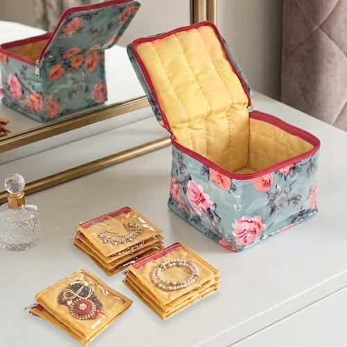 Image of Kuber Industries PVC Flower Print Jewellery Organizer Box & 10 Detachable Transparent Pouch | Cushioned All 10 Packet Storing Small Accessorie | Green