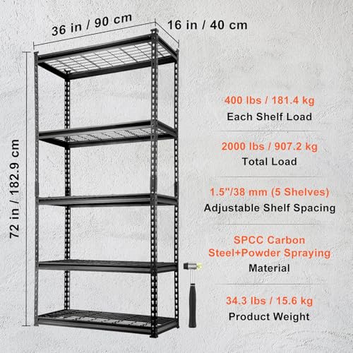 Image of VEVOR Storage Shelving Unit, 5-Tier Adjustable, 2000 lbs Capacity, Heavy Duty Garage Shelves Metal Organizer Wire Rack, Black, 36 inch L x 16 inch W x 72 inch H for Kitchen Pantry Basement Bathroom Laundry Closet