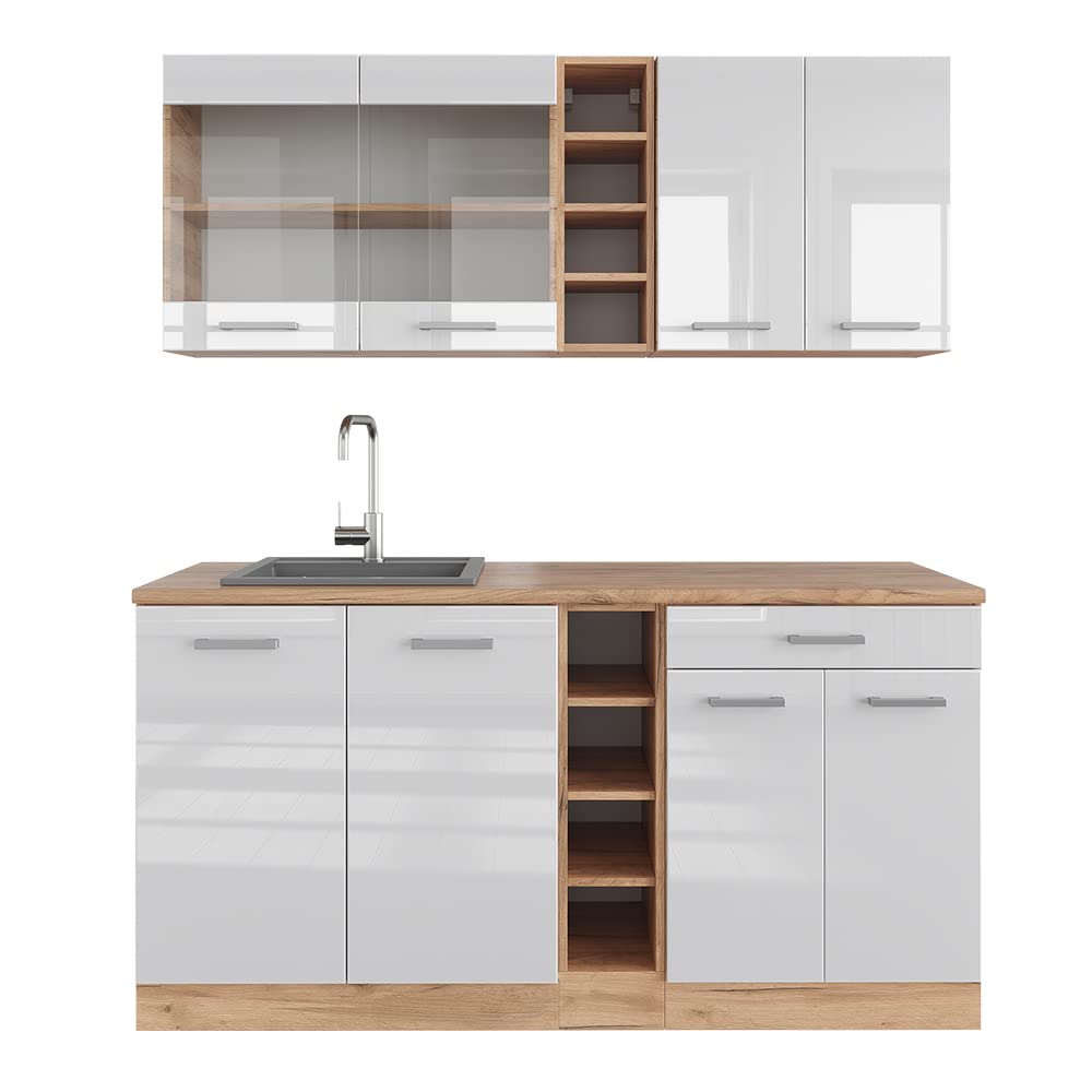 Vicco Singleküche R-Line, Weiß Hochglanz/Goldkraft Eiche, 160 cm | ohne Arbeitsplatte, zur individuellen Kombination und Erweiterung geeignet