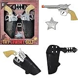 The Dreidel Company Kids Cowboy Toy Gun Holster & Belt 9 Piece Set. 2 Toy Pistols, 1 Sheriff Badge, 2 Gun Holsters & 3 Play Bullets, 1 Old Western Action Belt for Sheriff - Adjustable for Halloween