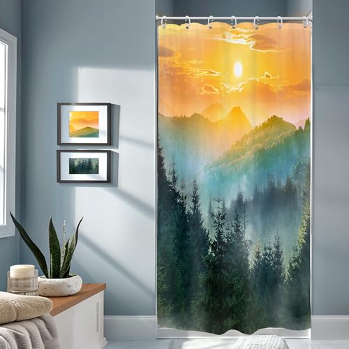 Riyidecor Small Stall Mountain Rv Narrow Green Bathroom Shower Curtain Set