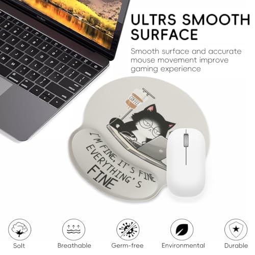 Image of ZORBES Mouse Pad with Wrist Support, Funny Cat Ergonomic Mouse Pad with Wrist Support I'm Fine Motivational Memo Design, Soft Gel Rest, Non-Slip Mouse Mat for Office & Home