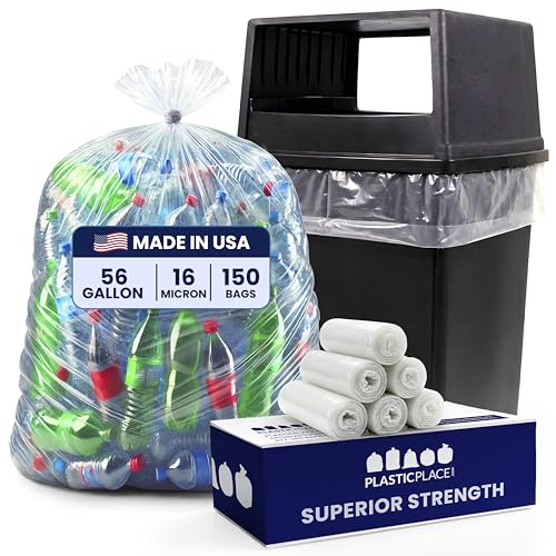 Plasticplace 56 Gallon Trash Bags - Clear High Density Garbage Bags - Heavy Duty Scent-Free Large Trash Can Liners for Kitchen Commercial & Garden Use 16 Microns Leak-Proof 43 x 48 (150 Count)