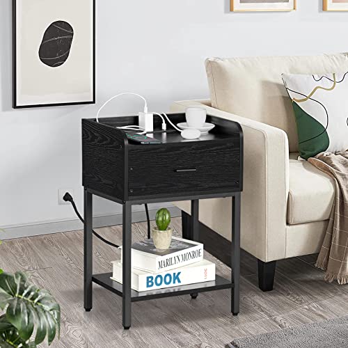 Yaharbo Black Nightstand With Charging Station, End Tables With Usb Ports And Outlets, Modern Night Stand With Drawers And Open Shelf, Small Side Table For Small Spaces, Bedroom #TOP5