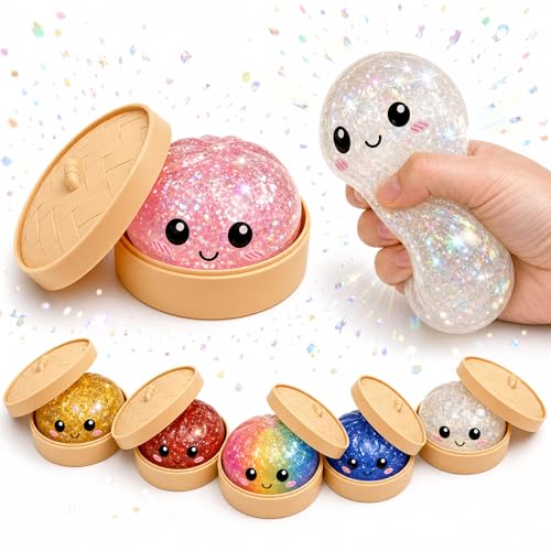 AR Trading Glitter Dumpling Squishy Stress Ball with Bamboo Steamer Basket Kawaii Mochi Fidget Toy for Kids Adults Anti-Anxiety Sensory Squeeze Bao Bun Random Mystery Color 1 Pack