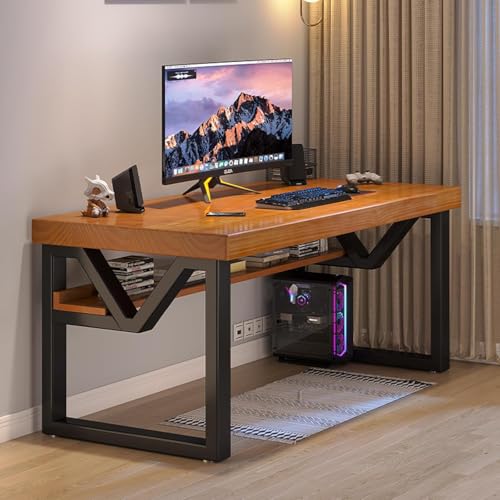 GAOAZHEN Escritorio de computadora con estantes Inferiores, Escritorio de Oficina en casa, Escritorio de Madera Maciza, Mesa de Estudio Moderna para Estudiantes, estación de Trabajo para computadora,