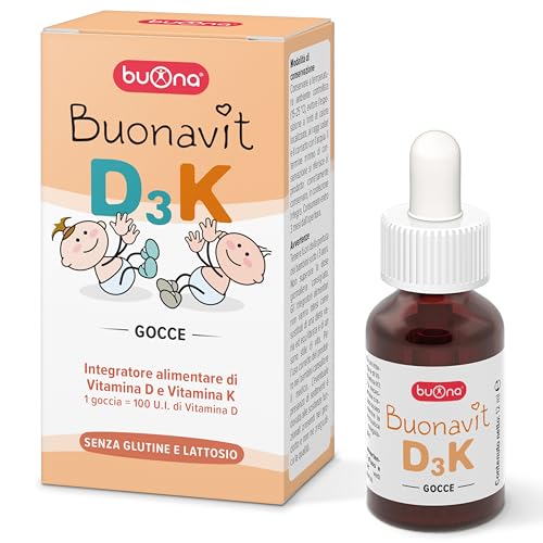 BuonaVit D3K Vitamina D Bambini e Vitamina K 12ml, Vitamina D3 Gocce 400 UI al Giorno, Senza Glutine e Lattosio, Vitamina D Gocce, Made in Italy
