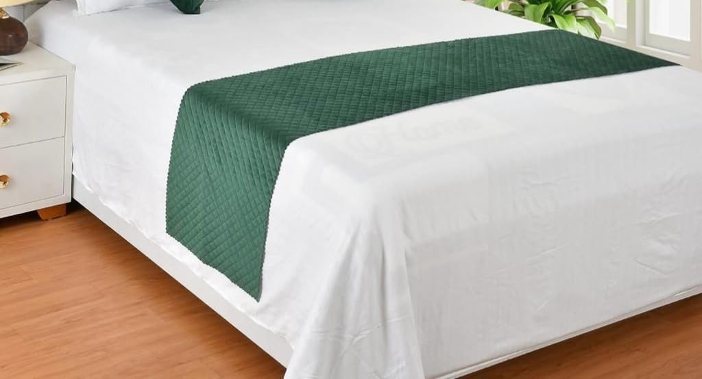 A CUBE LUXURY SOLUTION | Premium Velvet Quilted Set of Bed Runner (18 x 93 inches) and 2 Cushion Covers (16 x 16 inches) Combo Set (Green) 4
