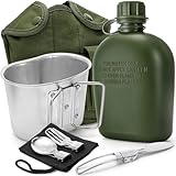 ZOOFOX Military Canteen, 1 Quart Portable Army Water Bottle with Aluminum Cup, Stainless Steel Spoon, Fork and Knife, Plastic Tactical Water Bottle for Military Hiking Camping Survival