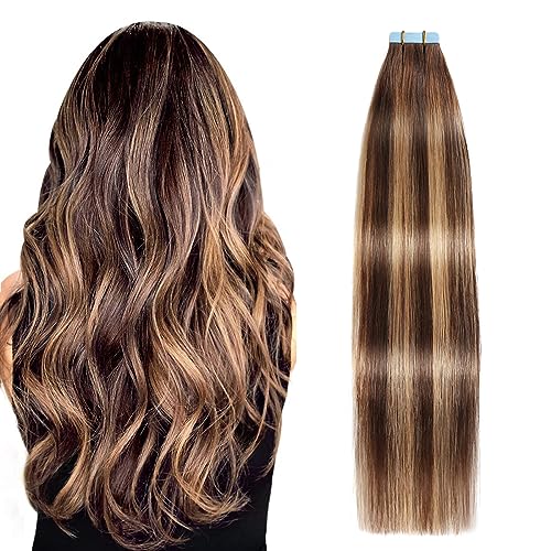 Image of SUYYA Tape In Hair Extensions Human Hair 24 Inch #P4 /27 /T4 Balayage | Remy Human Hair, Invisible Skin Weft, Straight Hair, 20PCS 40G, Ombre Chocolate Brown to Caramel Blonde, Added Length Volume