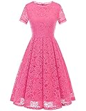 DRESSTELLS Semi Formal Hot Pink Homecoming Dresses for Wedding Guest Tea Length Mother of The Groom Lace Dress Fall Evening Party Dresses for Women Rose XL
