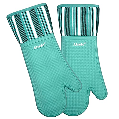 Alselo Guantes de cocina de silicona resistentes al calor de 550 grados extra largos con soporte impermeable y no sedosa para hornear, barbacoa, microondas, lavable a máquina (extra largo, azul, 2)