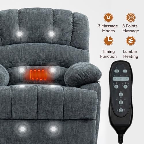 Image of Extra Large Power Lift Recliner Chair with Massage, Lumbar Heat, and USB Charging - Ideal for Enhanced Comfort and Mobility (42 x) (Blue-Gray + Chenille + Fiber Foam and Polyester Fiber Pad)