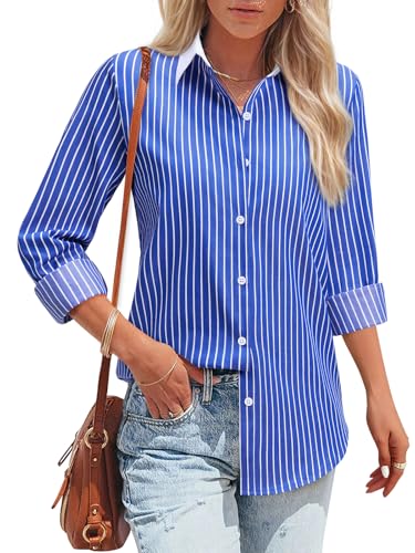 siliteelon Striped Button Down Shirts for Women Cotton Dress Shirts Long Sleeve Casual Collared Office Work Shirt