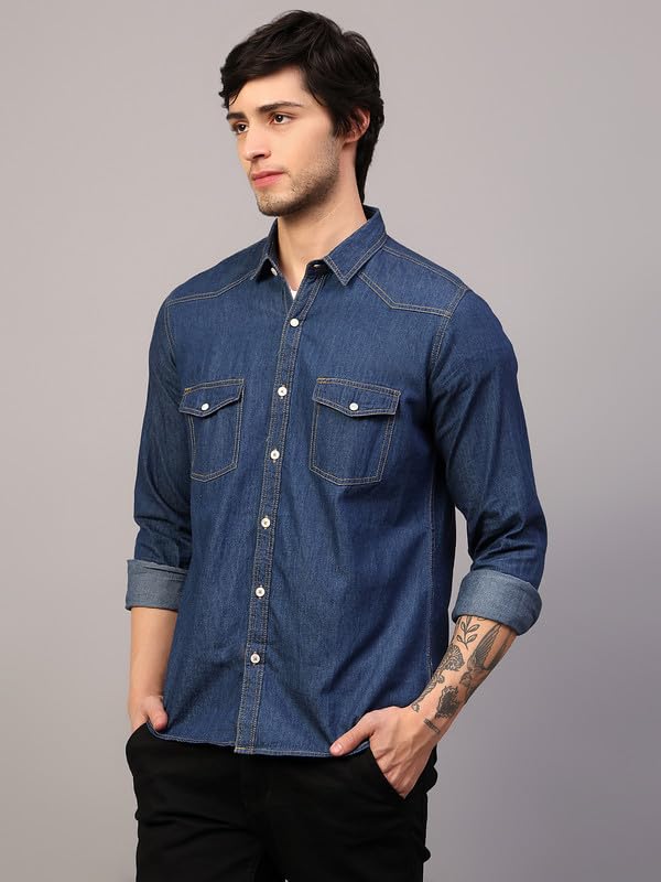 Image of Men's Denim Shirt with Regular Fit Solid Pattern Long Sleeve Collared Neck and Button Down Closure|Men Denim Shirt