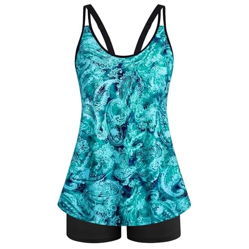 Arolina Tankini Swimsuits for Women Tummy Control Two Piece Bathing Suits Flowy Swim Tops with Boy Shorts Lake Green Cashew Flowers 16 Plus