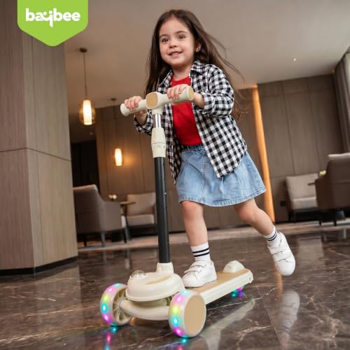 Image of Baybee Vector Baby Premium Kick Scooter for Kids with 4 Height Adjustable | Foldable Kids Scooter with RGB Light, Music | Skate Scooters with Rear Brake | Runner Scooters for Kid 2 to 10 Years (Beige)
