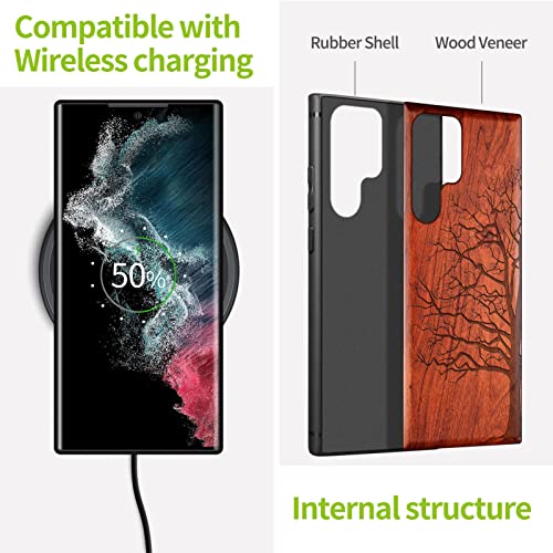 Carveit Wood Case For Galaxy S22 Ultra Case 2022 [Natural Wood & Black Soft Tpu] Shockproof Protective Cover Unique & Classy Wooden Case Compatible With Samsung S22 Ultra (Eternal Tree-Rosewood) #TOP4