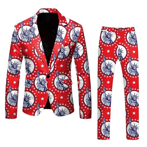 American Flag Suit for Men USA Outfit Fourth July Jacket and Tie USA Stripes Formal Dress Jacket with Pants (Red, XL)