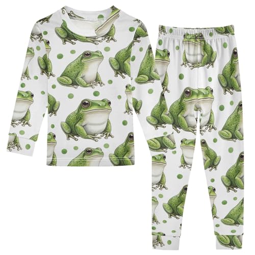 Pajama Sets Long Sleeve Frog Pattern Polka Background Soft Comfy Sleepwear 2 Piece PJS 3-8T