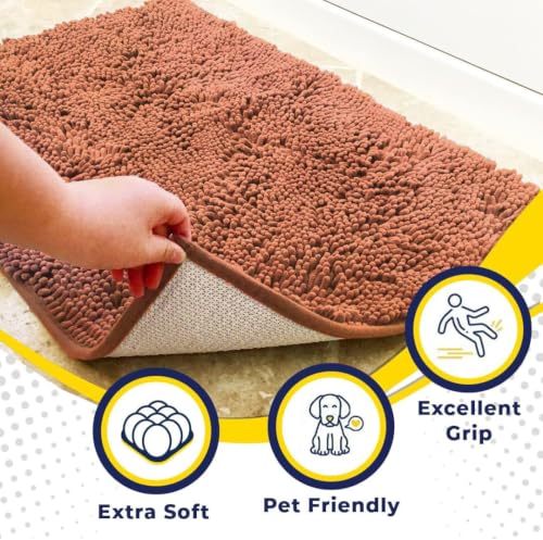 Image of Muddy Mat | Super Water Absorbent Door Mat Indoor, Microfiber Quick Dry Chenille Entryway Rug, Slip Resistant Front Door Mat, Indoor Mats for Entryway, Machine Washable Pet Rug, Peach 36 inch x 46 inch
