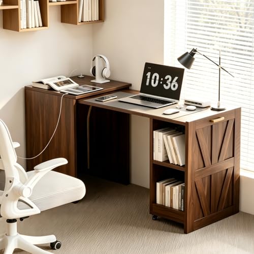 Ammora Living Folding Desk with Storage and Charging Station Pull-Out Desk Cabinet with Spacious Desktop Foldable Computer Table for Small Space Walnut