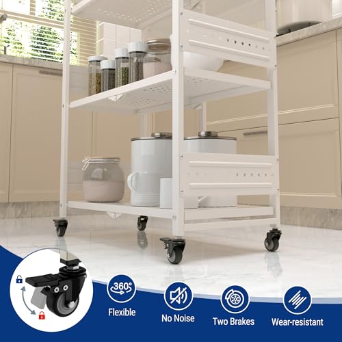 Image of WORKPRO 5-Tier Folding Shelf, No-Assembly Metal Storage Rack with Wheels, 750 lbs Capacity (with Leveling Feet), Collapsible Shelving Unit for Kitchen, Pantry, Closet & Craft Shows - White