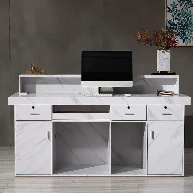 Image of Luxury White Front Desk Counter with Gold Accent Lighting for Office Lobby, Salon, and Hotel, Shopping Mall, Shop, Modern Marble Commercial Reception Areas - (RCT-80 LPB L6W2)