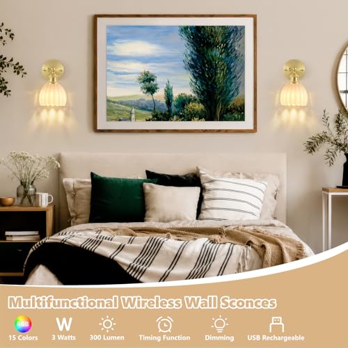 Image of Vintage Battery Operated Wall Sconce, White Tulip Glass Lampshade Wireless Rechargeable Battery Powered LED Wall Light with Remote Dimmable for Bedside Bedroom Doorway Living Room, Set of 2